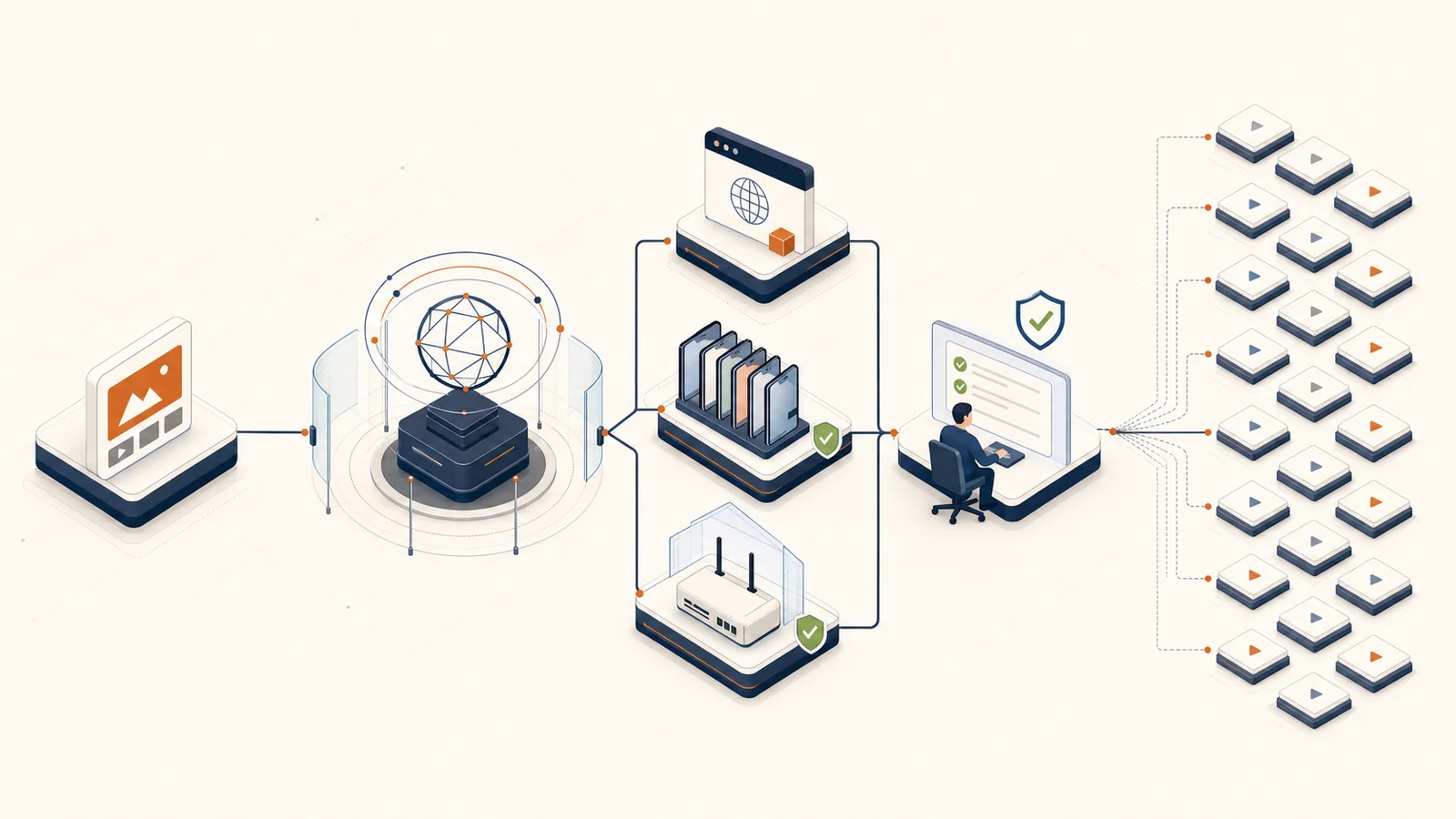 Concept illustration of content moving through network nodes, authorized devices and a compliance review station to multi-end delivery