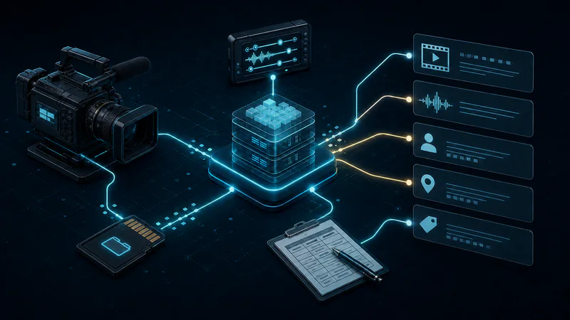Cameras, sync signals, media cards, and production logs converging into a structured data package