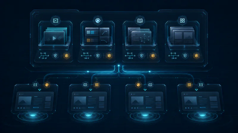 Media, styles, terminology, and templates reused as trusted assets across new projects